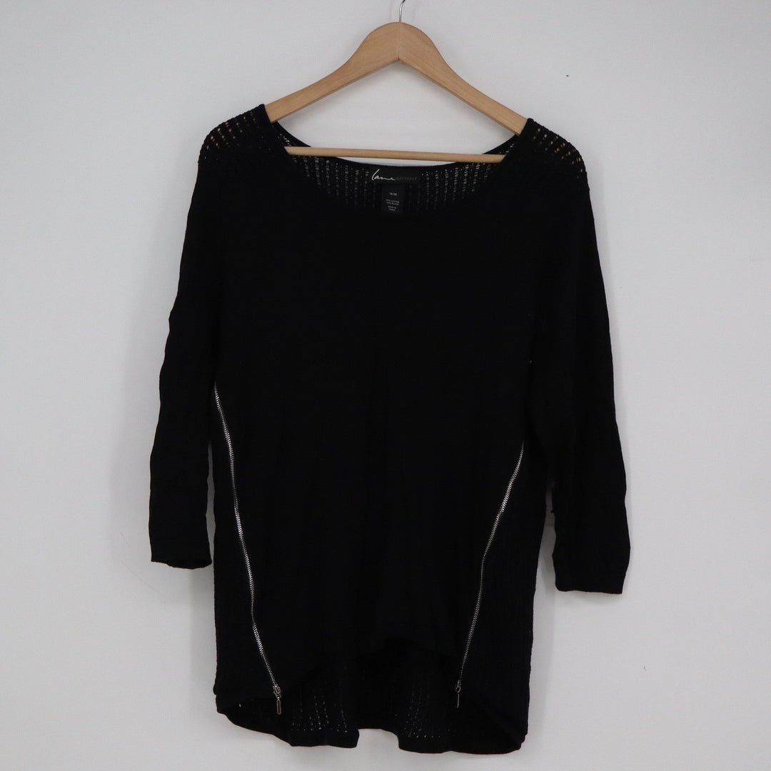 Lane Bryant Black Side Zip Knit Sweater Womens 14/16 Scoop Neck 3/4 Sleeve Top
