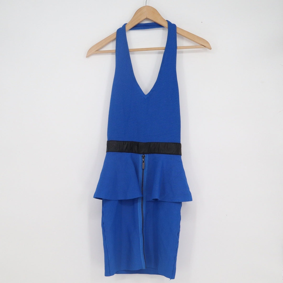 Bebe Royal Blue Peplum Halter Mini Dress Faux Leather Trim Front Zip XS
