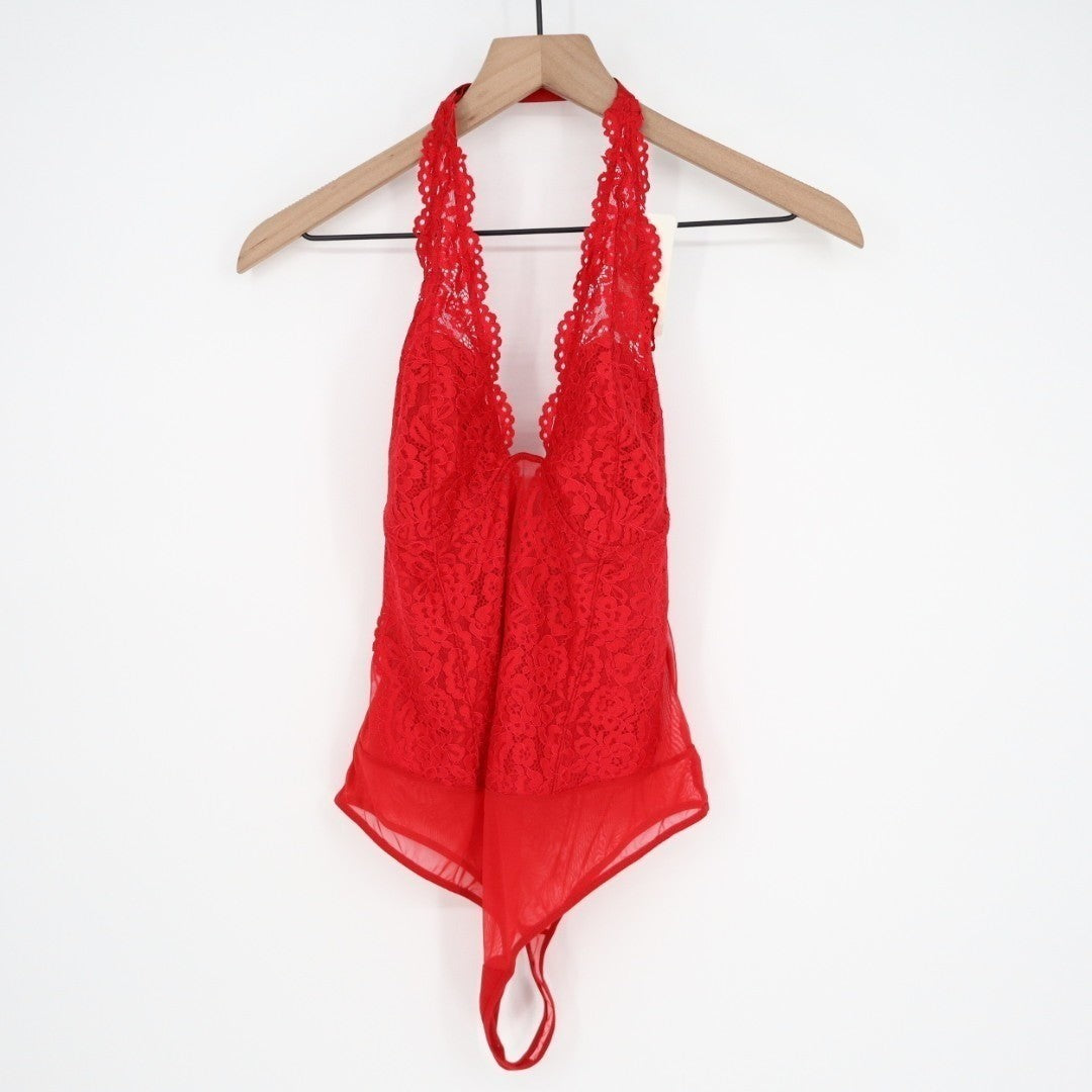 B.tempt'd by Wacoal Ciao Bella Halter Bodysuit Womens Large Red Floral Lace