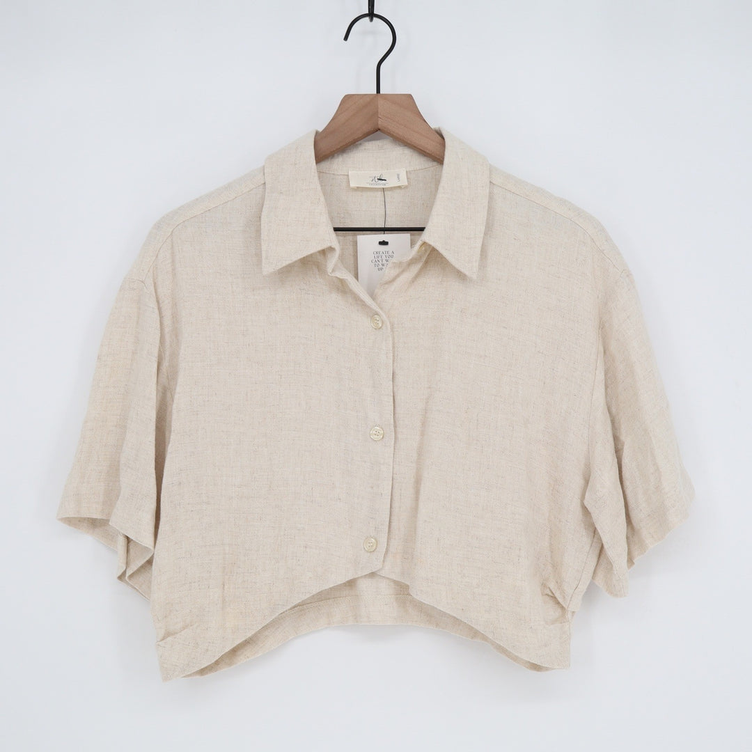 STIL Collection Oatmeal Cotton Linen Cropped Button Down Shirt Large