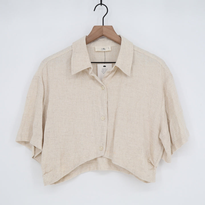 STIL Collection Oatmeal Cotton Linen Cropped Button Down Shirt Large
