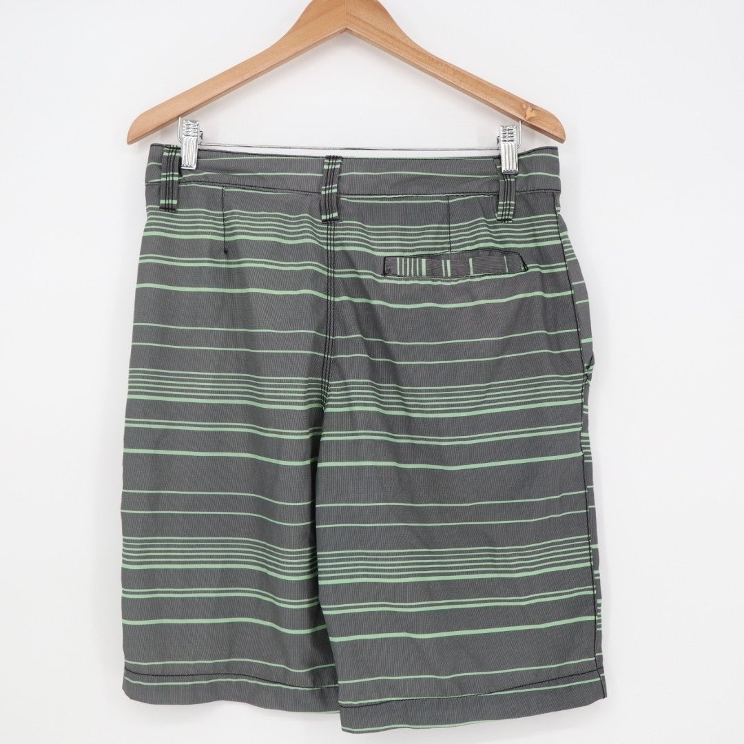 Kanu Surf Board Shorts Mens 30 Gray Green Striped Stretch Slash Pockets Swimwear
