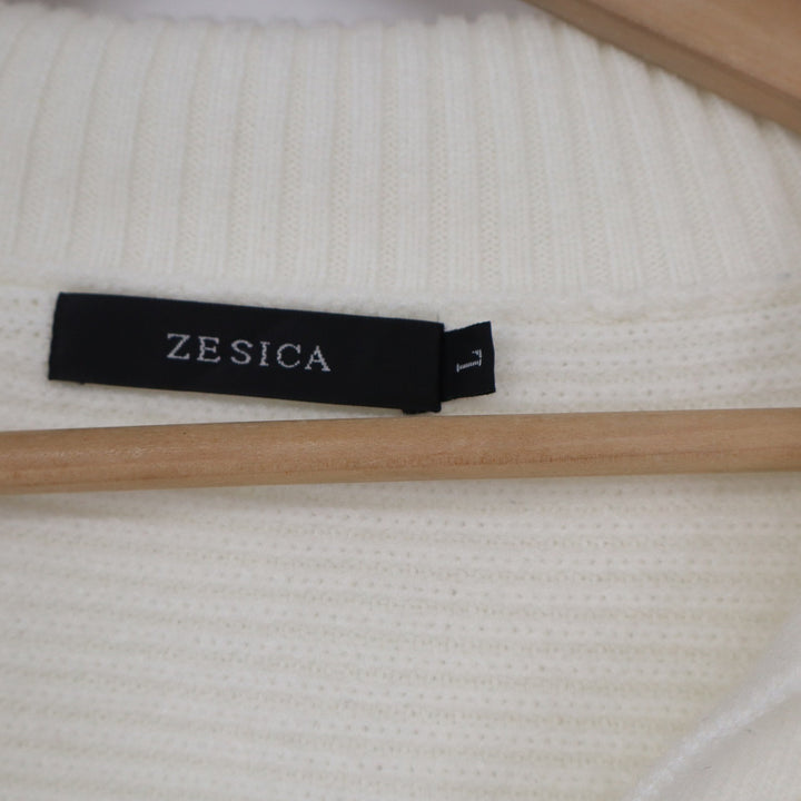 ZESICA Womens Off White Ribbed Knit Collared V-Neck Pullover Sweater Size L