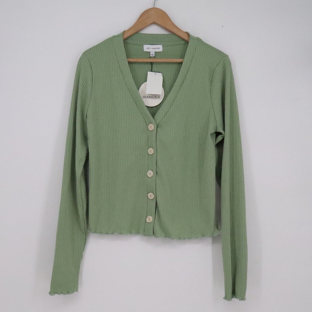 Lost + Wander Algea Sage Green Ribbed V-Neck Button Front Cardigan L