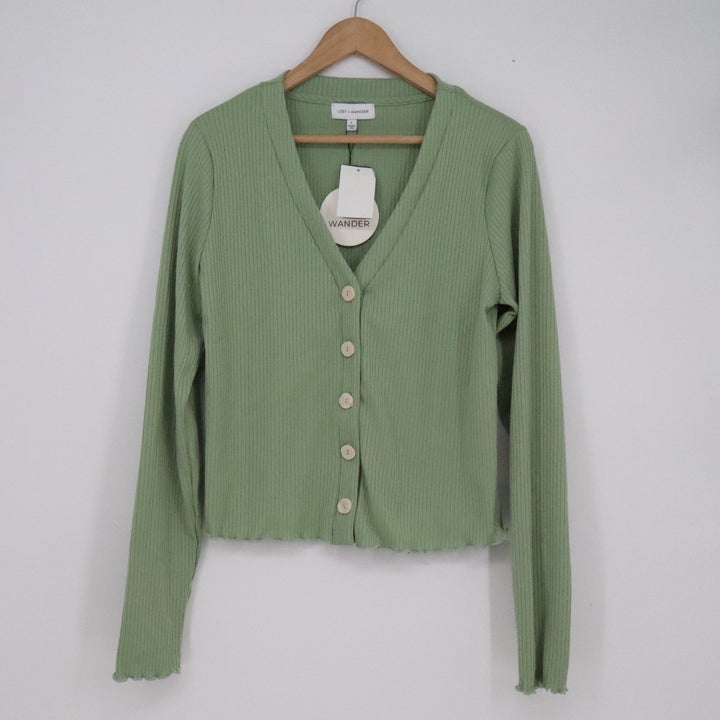 Lost + Wander Algea Sage Green Ribbed V-Neck Button Front Cardigan L