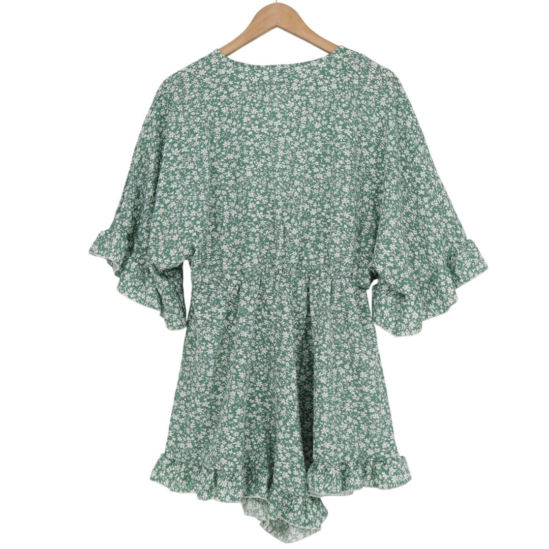 Shein Karismina Jumpsuit Womens M Green Ditsy Floral Twist Front Batwing Sleeve