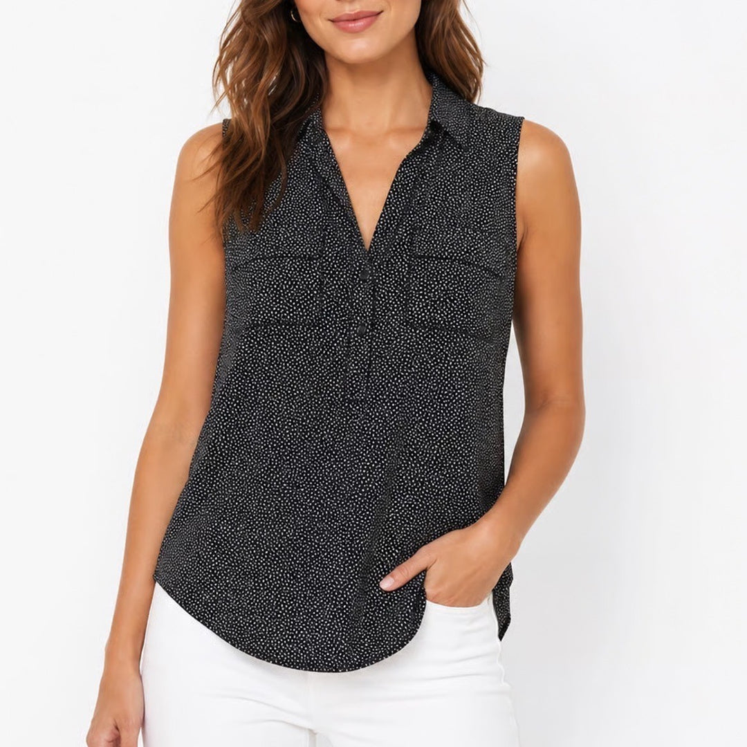 Ann Taylor LOFT Womens Medium Black White Micro Print Mixed Media Sleeveless Top