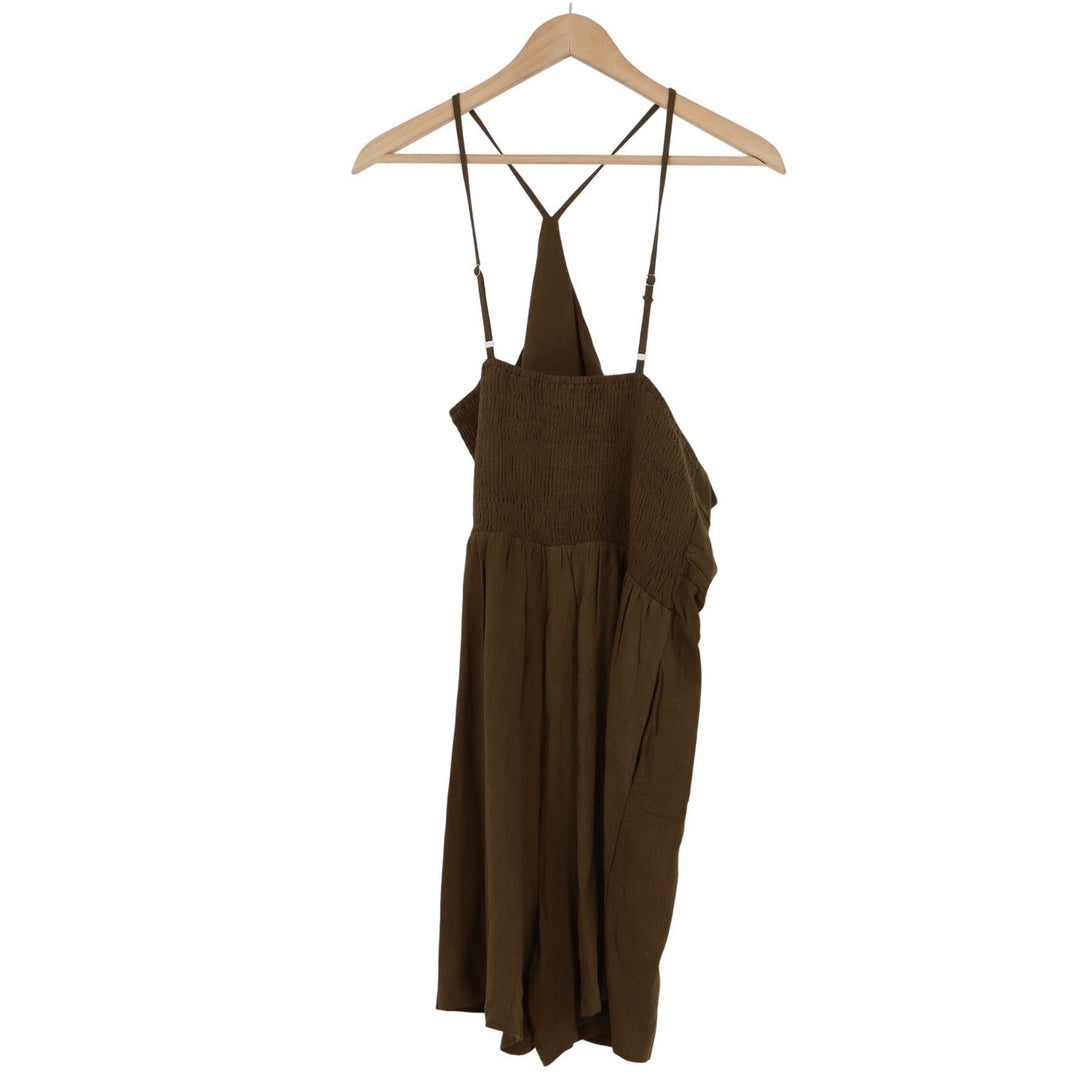 Olive Green Linen Blend Smocked Back Romper Adjustable Straps Large