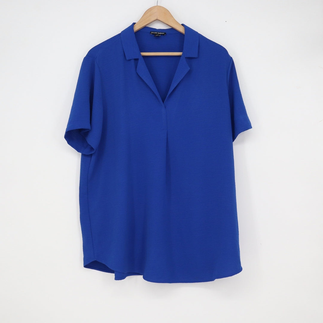 Hilary Radley Royal Blue Short Sleeve Notched Collar Blouse Large