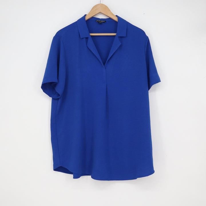 Hilary Radley Royal Blue Short Sleeve Notched Collar Blouse Large