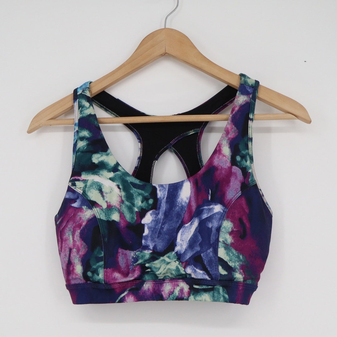 Tek Gear Workout Sports Bra XL Purple Blue Abstract Floral Racerback Keyhole