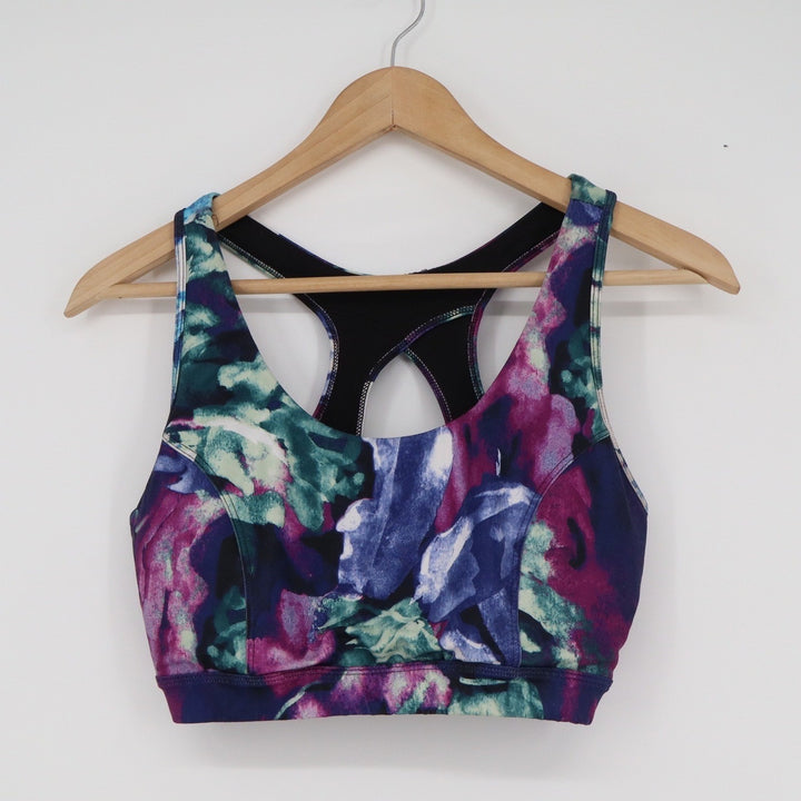 Tek Gear Workout Sports Bra XL Purple Blue Abstract Floral Racerback Keyhole