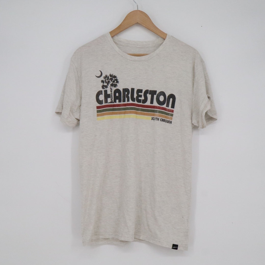 Charleston South Carolina Graphic T-Shirt L Heather Oatmeal Retro Palm Tree