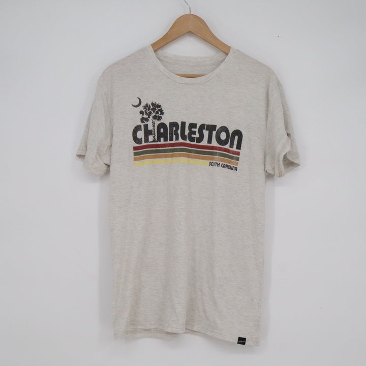 Charleston South Carolina Graphic T-Shirt L Heather Oatmeal Retro Palm Tree