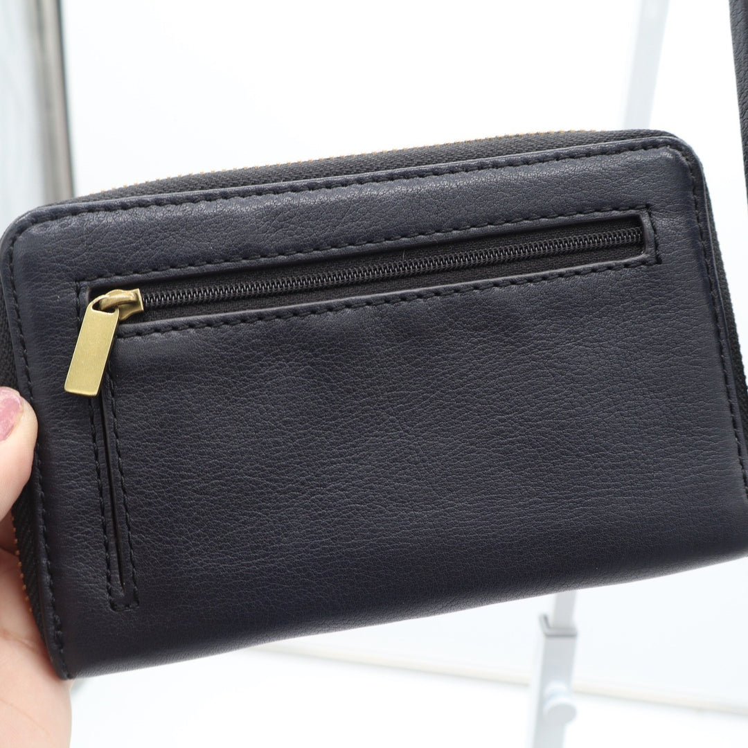 Fossil Logan Black Pebbled Leather Zip Around Clutch Wristlet Gold Hardware