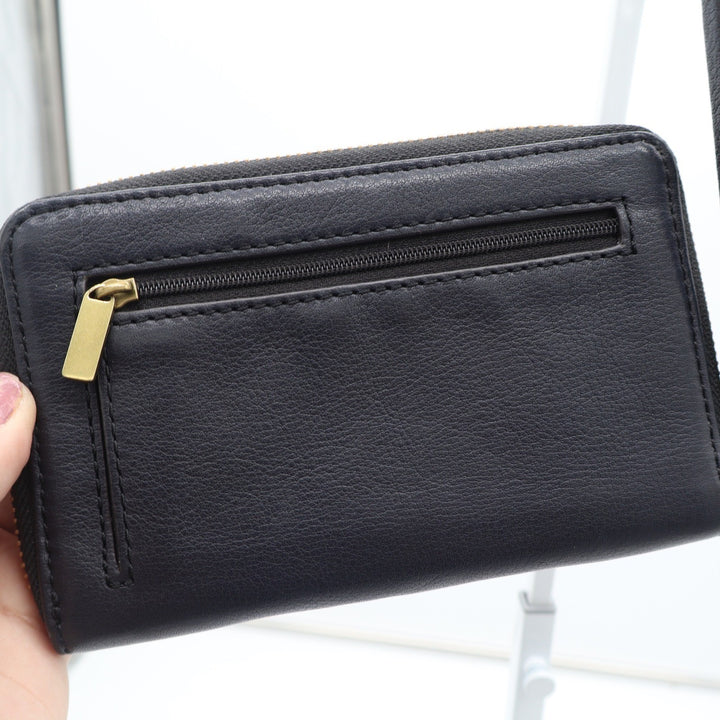 Fossil Logan Black Pebbled Leather Zip Around Clutch Wristlet Gold Hardware