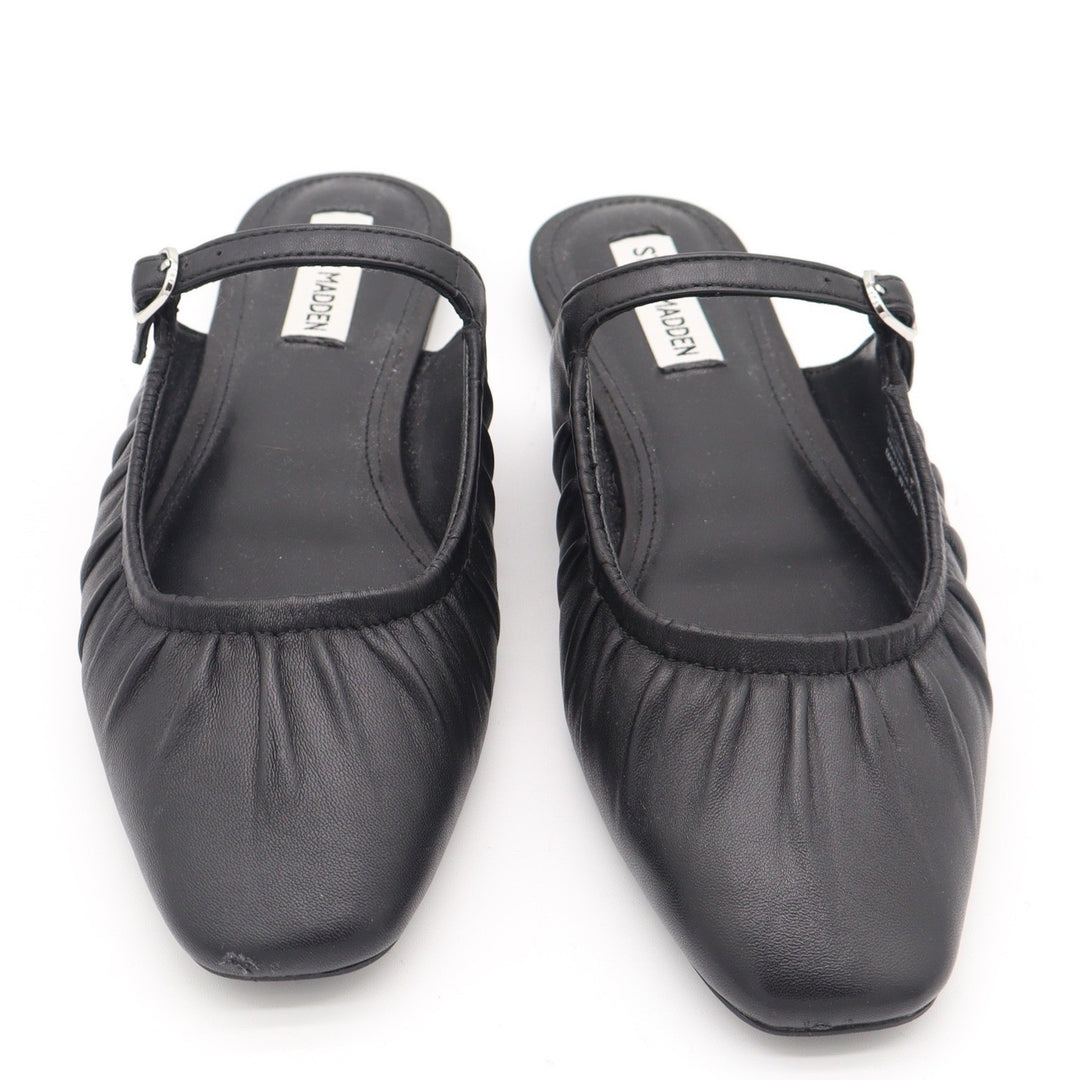 Steve Madden Womens Black Leather Ruched Mary Jane Mules Square Toe Flats 8.5
