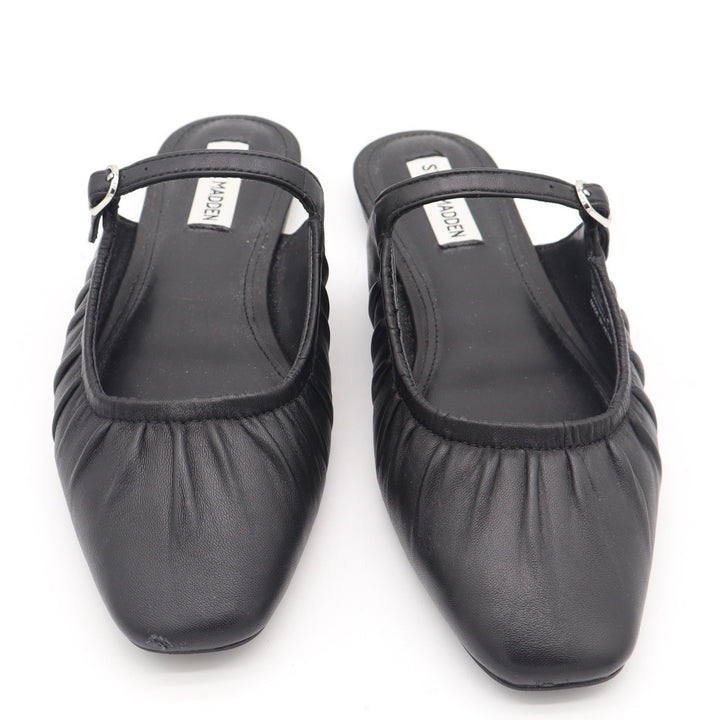 Steve Madden Womens Black Leather Ruched Mary Jane Mules Square Toe Flats 8.5