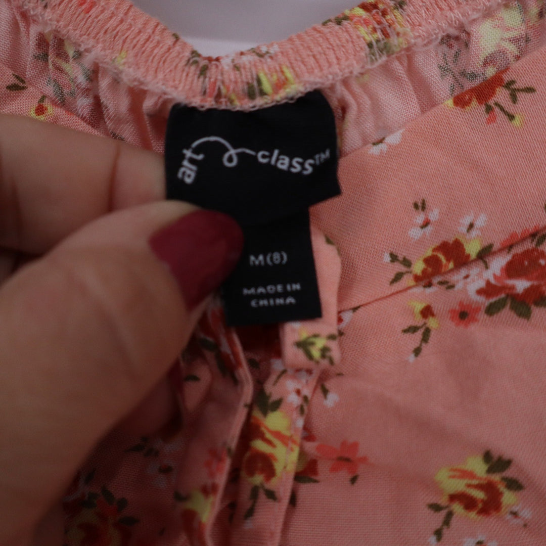 Art Class Girls Peach Floral High-Low Ruffle Dress Medium 8 Boho Short Sleeve