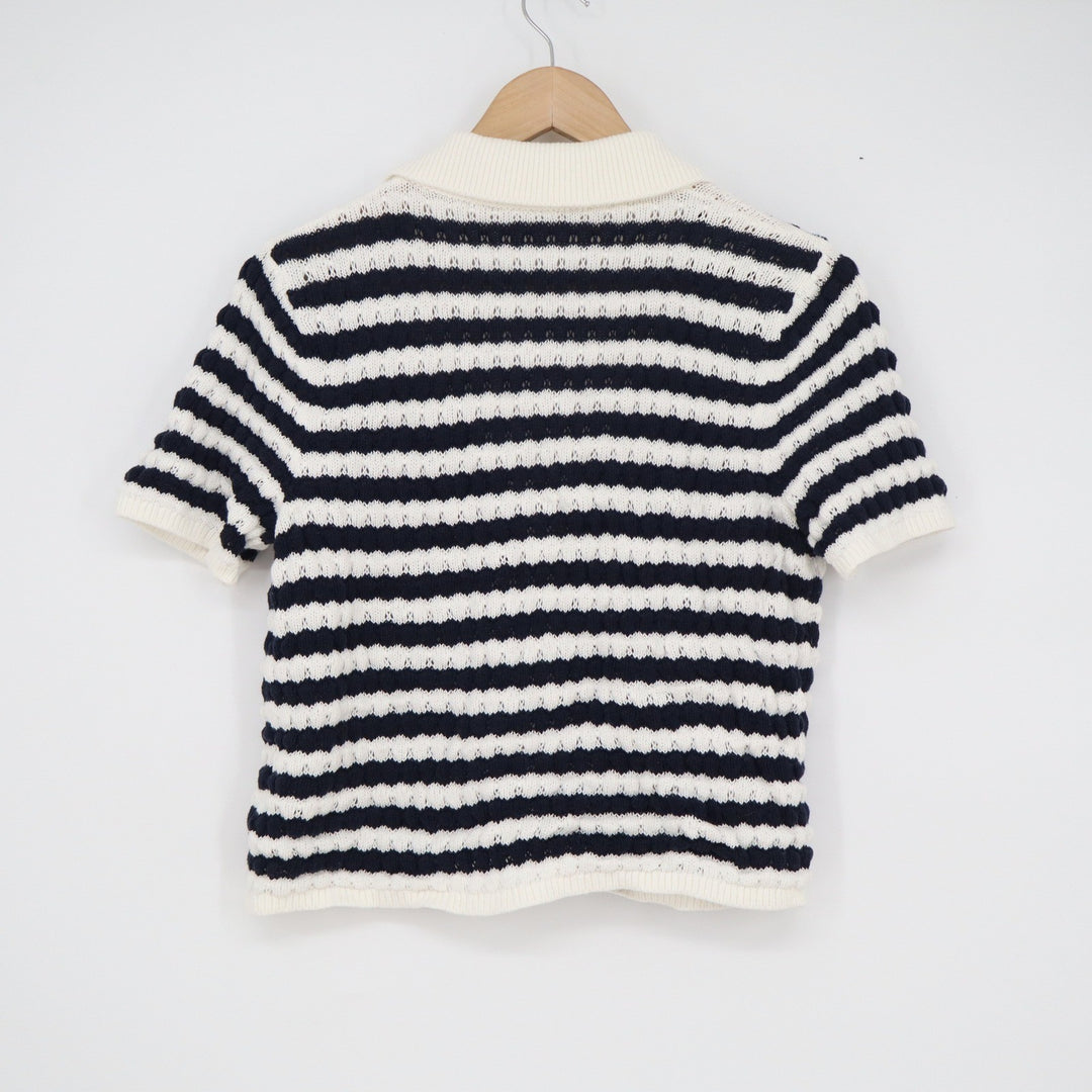 Old Navy Petite Small Navy Blue White Striped Pointelle Knit Cardigan Sweater