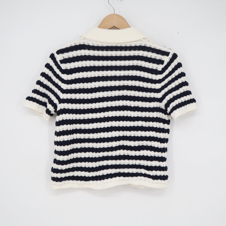 Old Navy Petite Small Navy Blue White Striped Pointelle Knit Cardigan Sweater