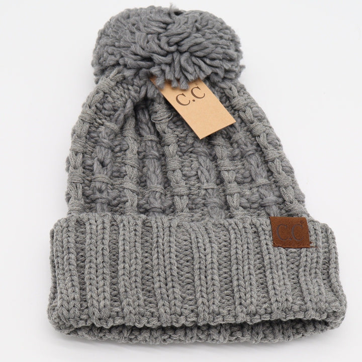 C.C Beanie Women OS Lt Melange Grey Cable Knit Pom-Pom New