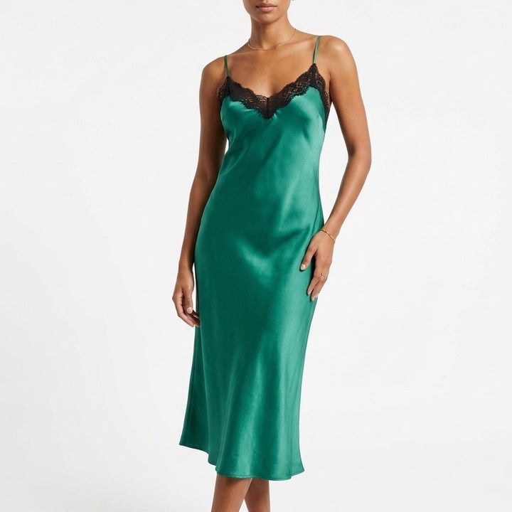 Linea Donatella Babydoll Dress Women Medium Green Stretch V-Neck Spaghetti Strap