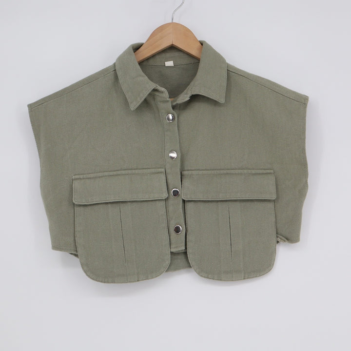 Cropped Vest Womens M Olive Green Denim Spread Collar Button Front Patch Pockets