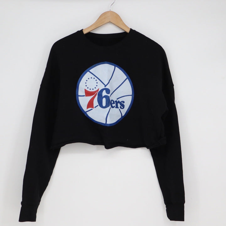 Philadelphia 76ers Womens Black Cropped Sweatshirt Raw Hem NBA Pullover L