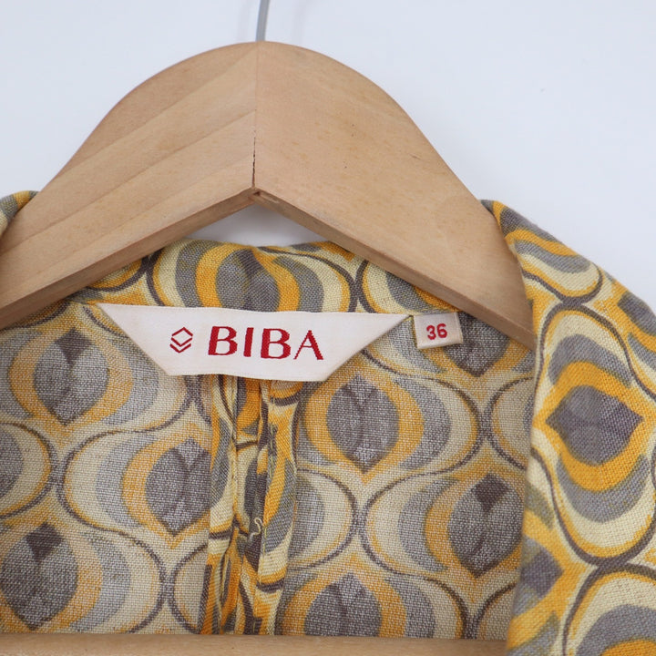 BIBA Yellow Grey Geometric Retro Print Open Front Linen Blend Jacket Size 36