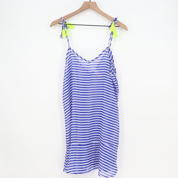 No Boundaries Blue White Striped Swim Cover Up Dress Neon Tassels Large
