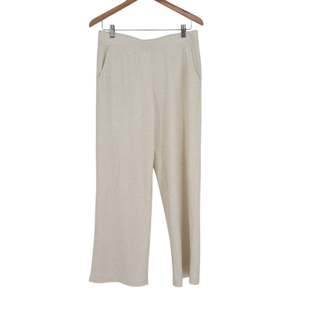 Gap Slouchy Wide Leg Lounge Pants Womens Medium Beige High Waisted Waffle Knit