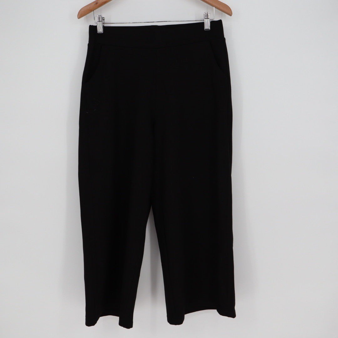 Black Cropped Wide Leg Pants Size L Cotton Blend Stretchy Pull On Pockets