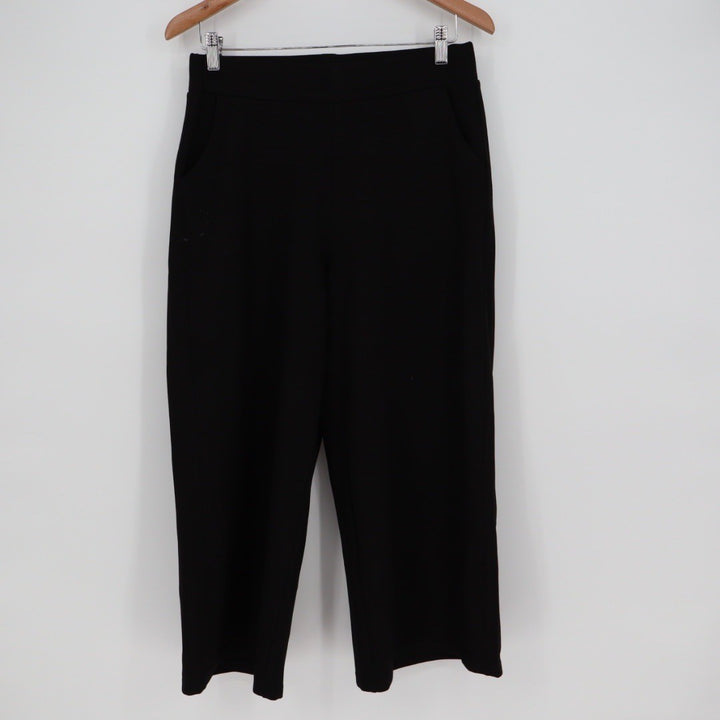 Black Cropped Wide Leg Pants Size L Cotton Blend Stretchy Pull On Pockets
