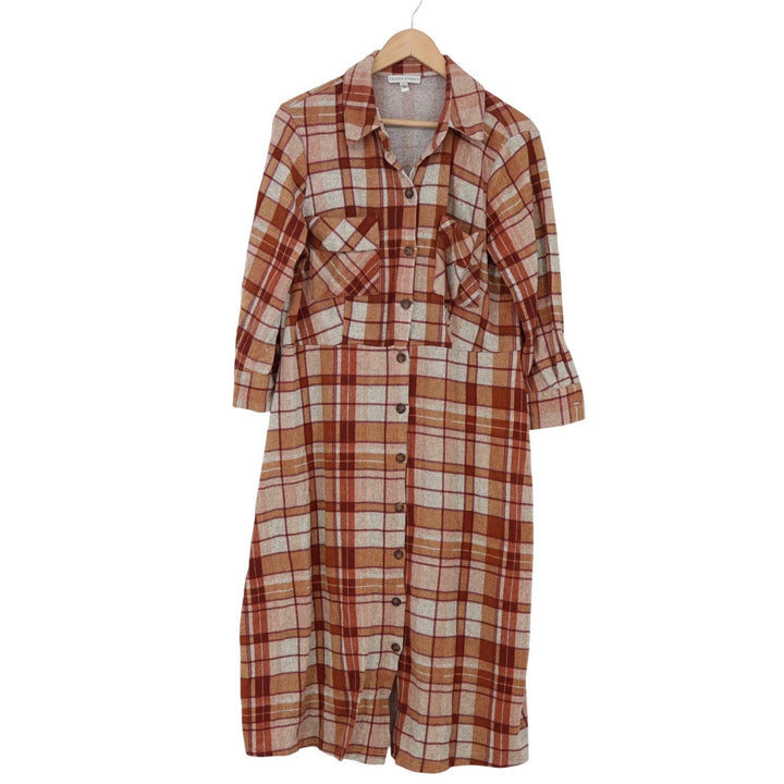 Sandra Darren Shirt Dress Womens L Plaid Orange Button-down Excellent