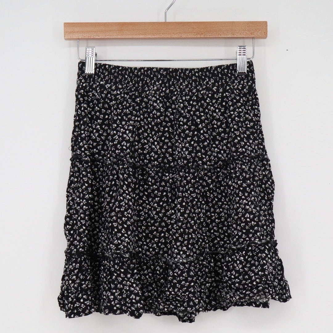 Joyra Black White Ditsy Floral Tiered Mini Skirt Smocked Waist Rayon Size M