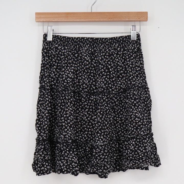 Joyra Black White Ditsy Floral Tiered Mini Skirt Smocked Waist Rayon Size M