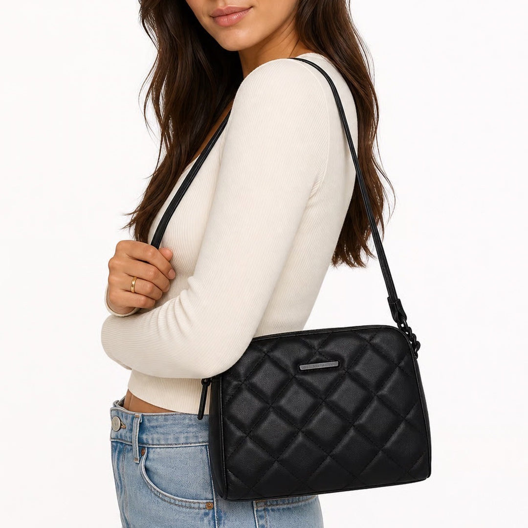 Aldo Black Quilted Crossbody Bag Matte Black Hardware Dual Zip