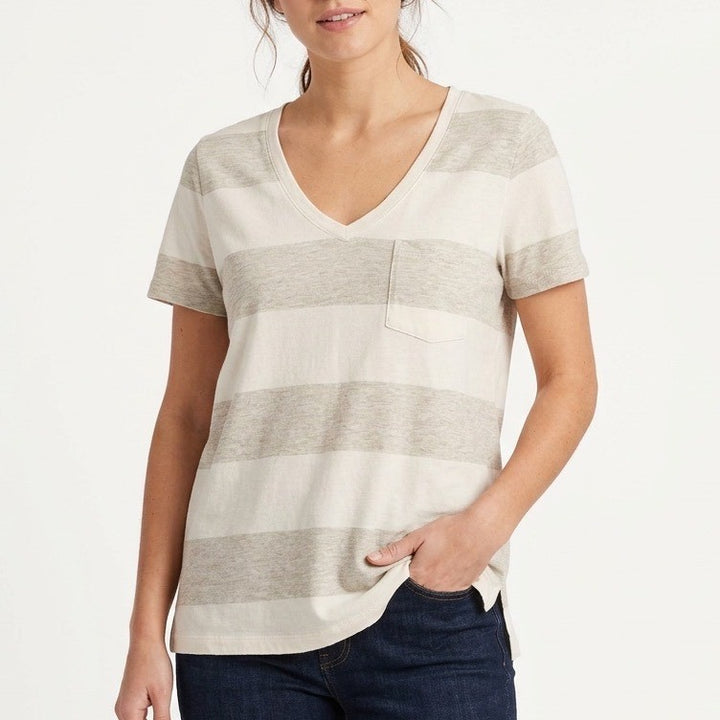 Market & Spruce T Shirt Womens Medium Off White Gray Striped Rayon Stretch Top