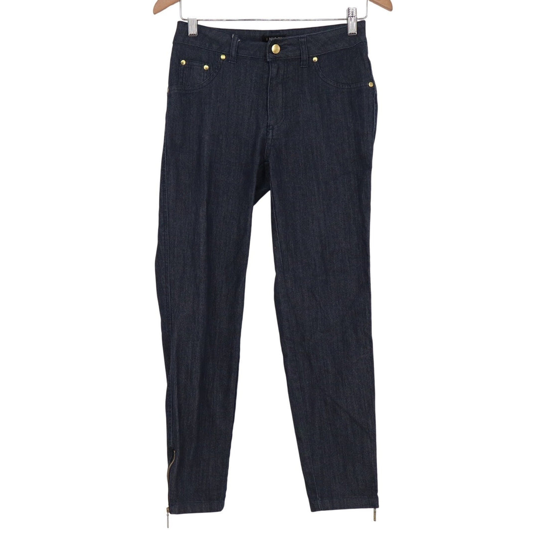 IMAN Dark Wash Skinny Jeans Womens 2 Short Gold Hardware Ankle Zip Denim Blue