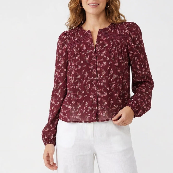 And Now This Burgundy Floral Pleated Split Neck Blouse Womens Size S Long Sleeve