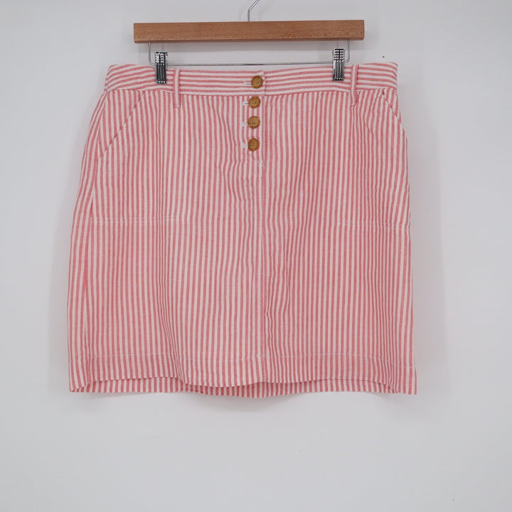 Talbots Petite Pink White Striped Linen Cotton Button Front Mini Skirt 14P