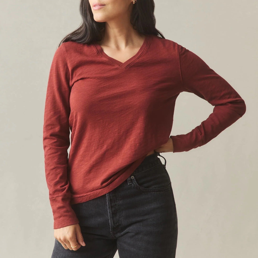 American Giant Premium Slub T-Shirt Womens XL Brown Cotton V-Neck Long Sleeve