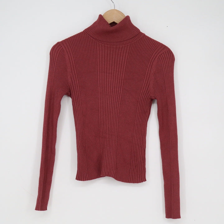 Hooked Up Womens Burgundy Ribbed Turtleneck Sweater Long Sleeve XS Wine Red Top