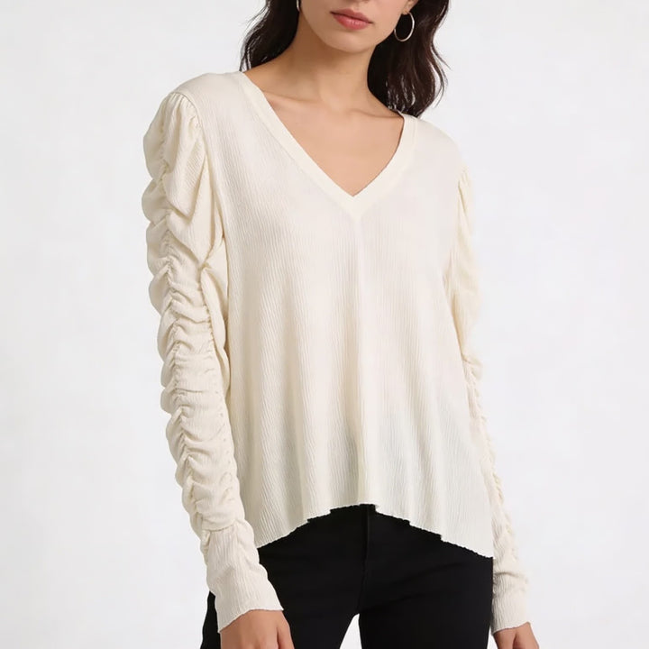 Express Skimming T-Shirt Womens XL Beige Stretch Ruched Sleeve V-Neck Pullover