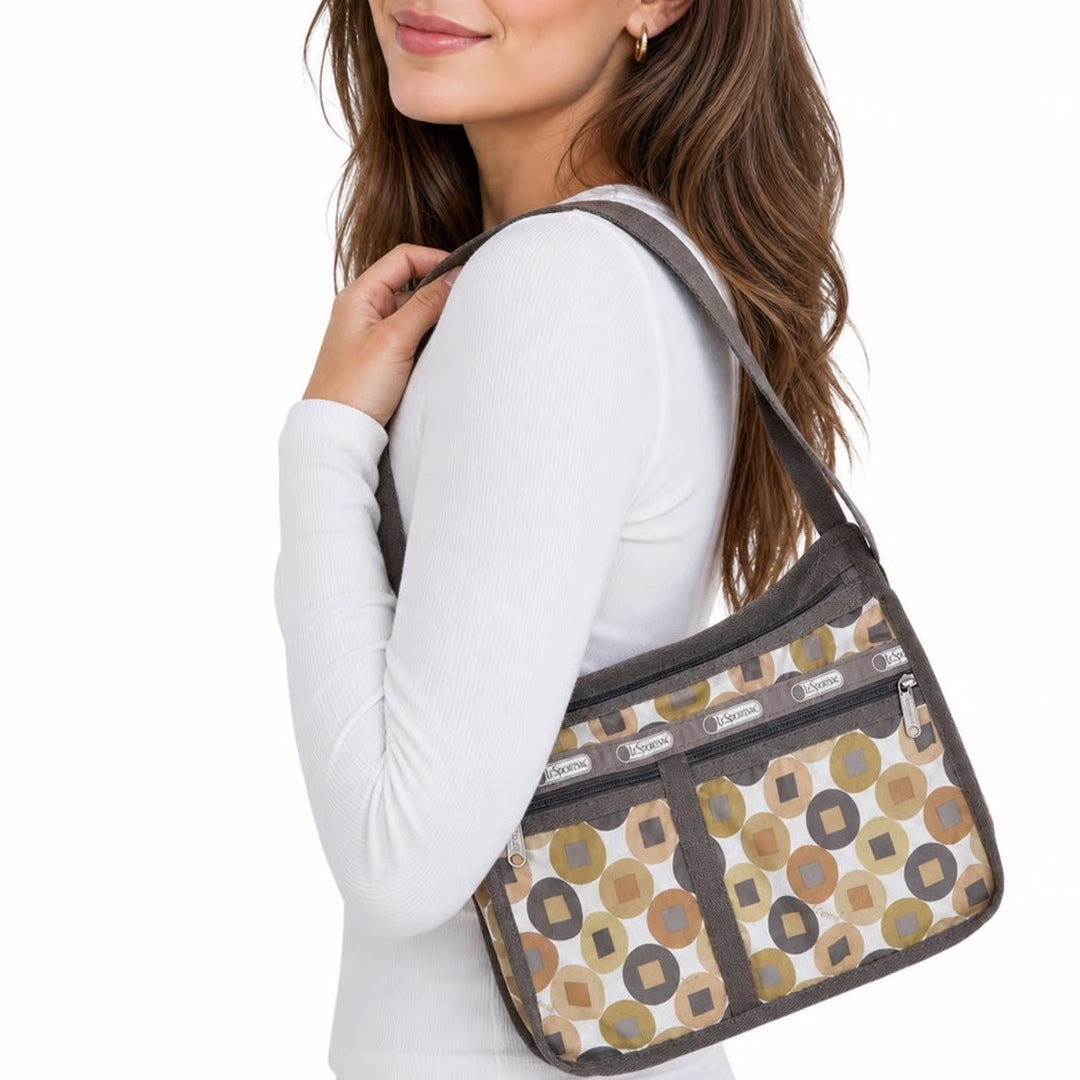 LeSportsac Deluxe Everyday Bag Geometric Circle Square Tan Brown Crossbody