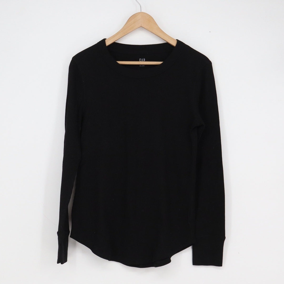 Gap Large Black Long Sleeve Waffle Knit Thermal Crew Neck Shirt Curved Hem