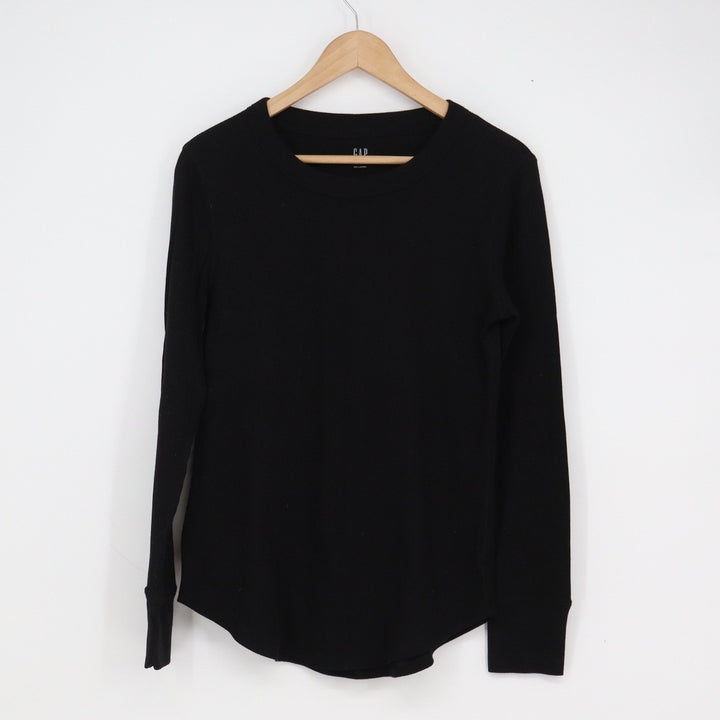 Gap Large Black Long Sleeve Waffle Knit Thermal Crew Neck Shirt Curved Hem
