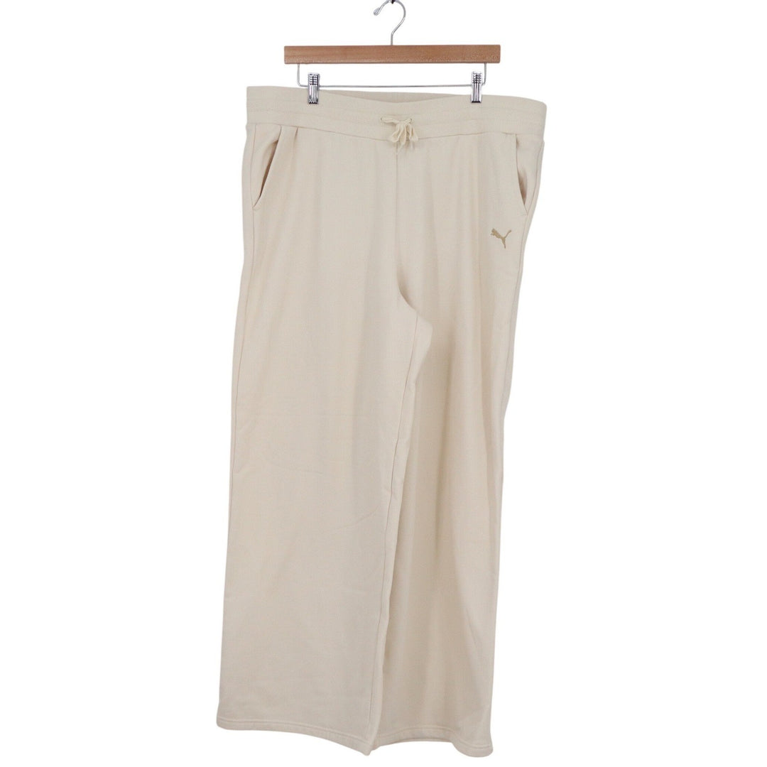 Puma Womens XXL Wide Leg Sweatpants Cream Beige Gold Logo Fleece Pockets