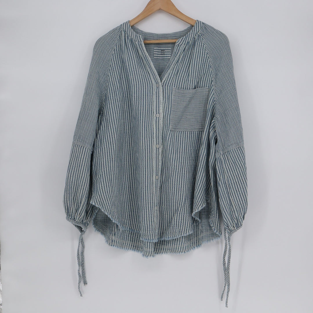 Aerie Daybreak Cover Up Shirt Women XS Blue White Striped Frayed Hem Puff Sleeve